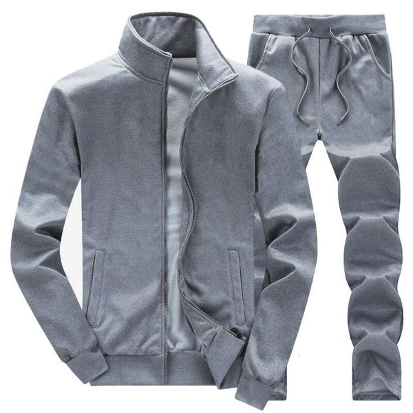 

autumn winter new men's and solid color coat leisure loose trousers sports two piece set, Gray