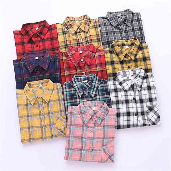 

2021 plaid loose plus size blouse female long sleeve blouses cotton flannel casual shirt women blusas, White