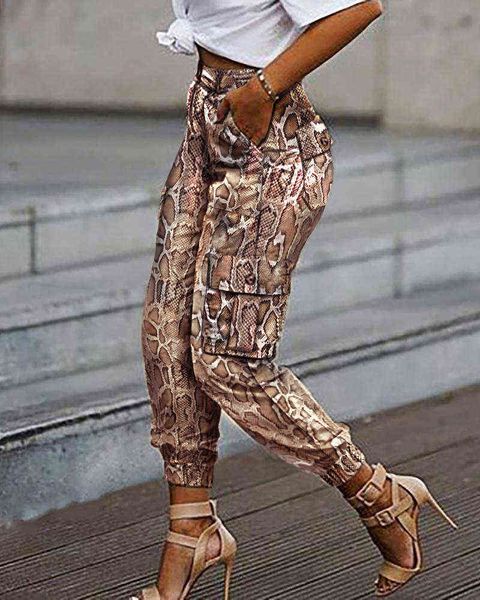 

women fashion casual pants trousers snakeskin print pocket design tied cuff cargo 211124, Black;white