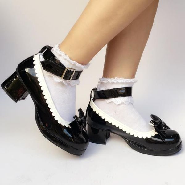 

dress shoes japanese elegant bows lolita heels women black pu leather buckle strap cosplay with white trim