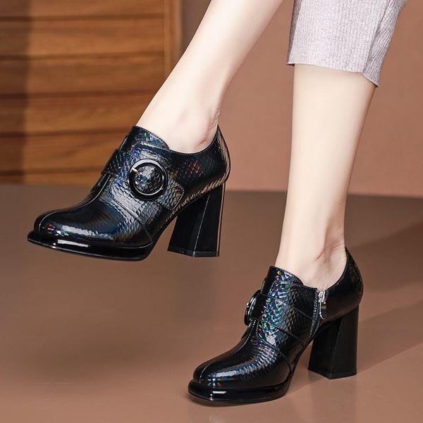 

dress shoes round toe natural genuine leather women heels street waterproof platform office work heel, Black