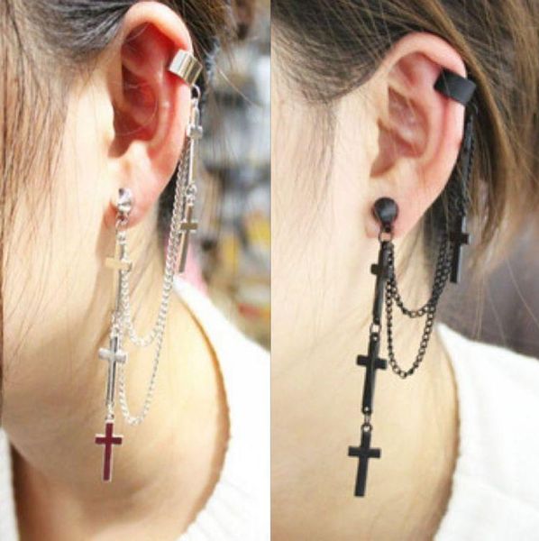 

clip-on & screw back 2014 clips personality punk metal christian cross tassel chains ear cuff gothic clip earrings 3 colors e231, Silver