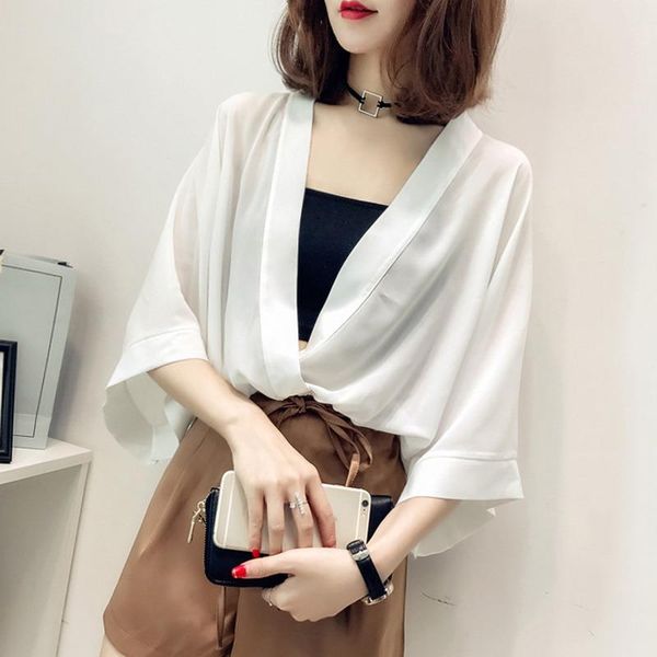 

women's blouses & shirts women vintage chiffon college wind summer deep v-neck bat sleeve temperament solid color loose versatile blous, White
