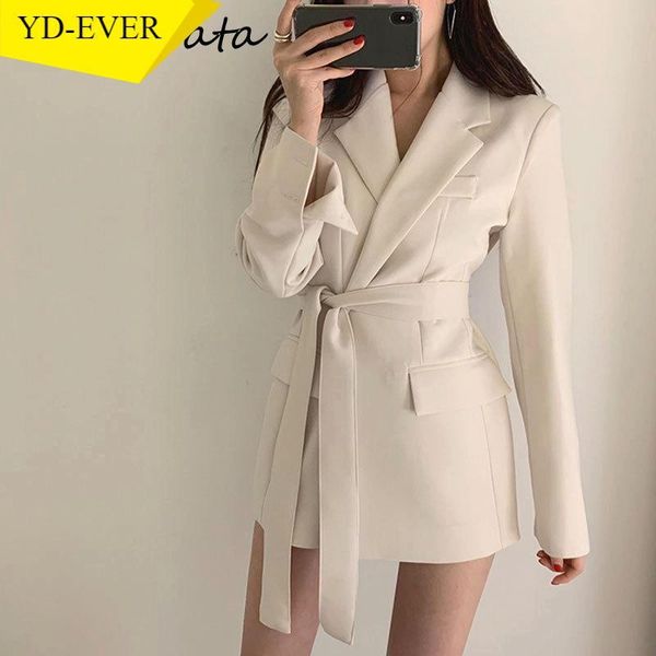 

turn down collar long sleeve slim blazer women slim waist sashes solid coat femme spring 2021 new all match clothing, White;black