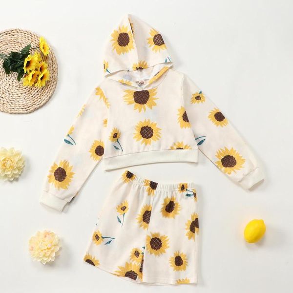 

clothing sets autumn children girls clothes sunflower long sleeve hooded shorts 2pcs suit casual floral outfits kids, White