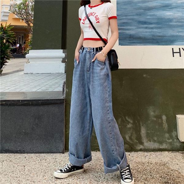 

women's jeans south korea style high-waisted wide-leg fashion slimming students trousers versatile, Blue