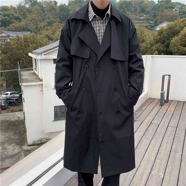 

men's trench coats korean style fashion casual long men streetwear loose autumn windbreaker jacket mens overcoat -3xl undm, Tan;black
