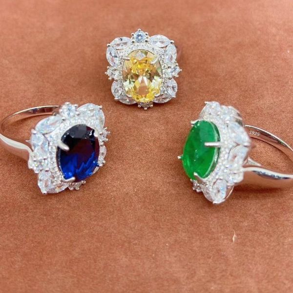 

cluster rings 100% 925 sterling silver created citrine cocktail yellow ruby blue sapphire gemstone emerald ring for women fine jewelry, Golden;silver