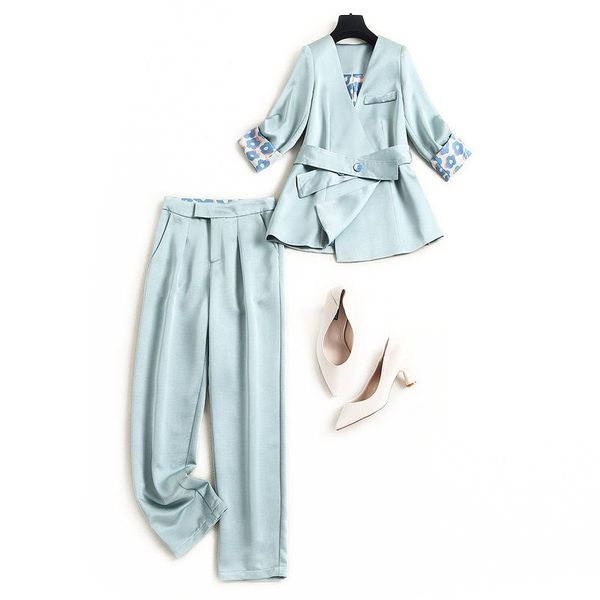

spring summer 2021 fashion women elegant satin blazer suit office lady sashes outerwear and pants two piece set, White