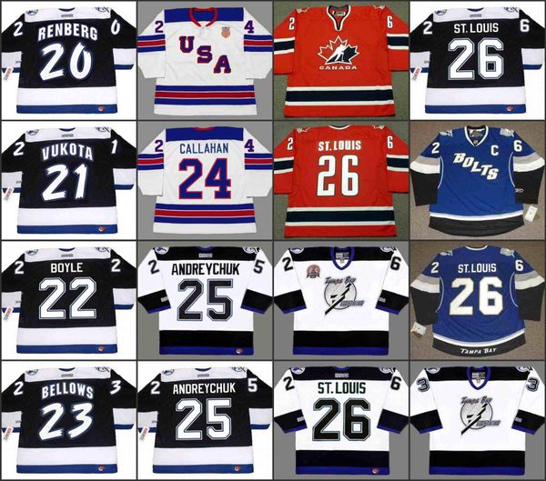 

tampa bay lightning 20 mikael renberg 21 mick vukota 22 dan boyle 23 brian bellows 24 ryan callahan ccm nhl hockey jersey stitched, Black;red