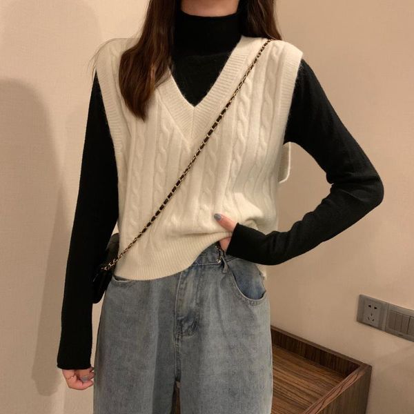 

women's vests white v-neck knitted vest spring 2021 korean loose sweater, Black;white