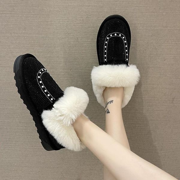 

boots winter fur shoes women rhinestone snow slip on 2021 female warm ankle plush, Black