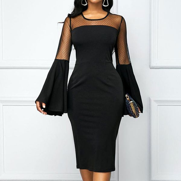 

new 2021 office lady pencil elegant mesh flare sleeve patchwork knee-length formal party night club i13s, Black;gray