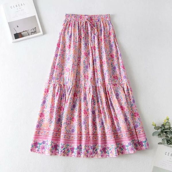 

skirts women boho floral maxi skirt fashion elastic high waist casual loose summer holiday beach, Black
