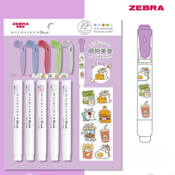 

highlighters 1set japan zebra wft8 mildliner brush soft tip highlighter double painting pen with diy sticker set cute stationary, Black;red