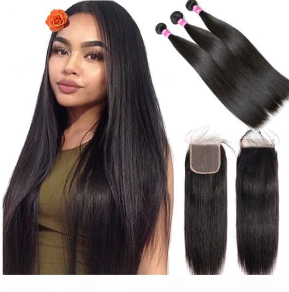 

brazilian straight hair weave 3 bundles with closure 4*4 natural color jet black human hair weave non remy hair extension
