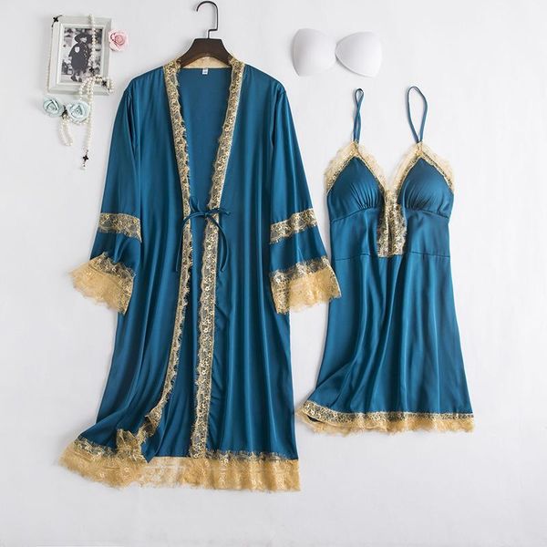 

women's sleepwear lace female robe set summer nightwear intimate lingerie 2021 kimono bathrobe gown casual homewear, Black;red