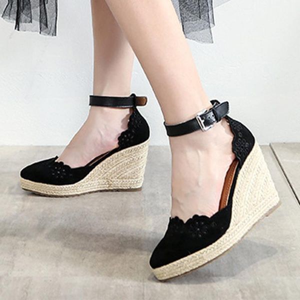 

sandals wedges heel ladies summer skirt hollow single shoes 2021 thick bottom straw pointed fashion women's high heels shoe, Black