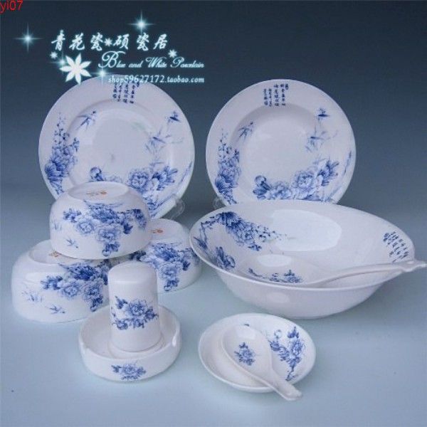 Lan Mudan Jingdezhen 28 Cabeça de ósseos cerâmicos azuis e brancos China Louça de mesa PackagingHigh Quatity