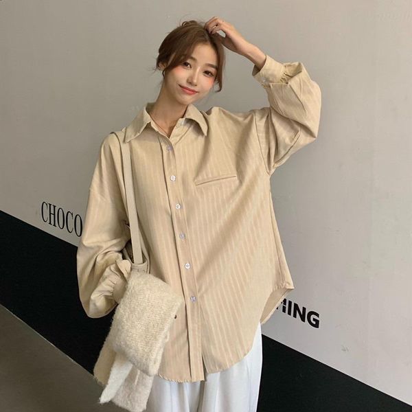 

spring 2021 vintage striped cardigan shirt casual fashion long sleeve turn-down blouses autumn temperament loose female blusas, White