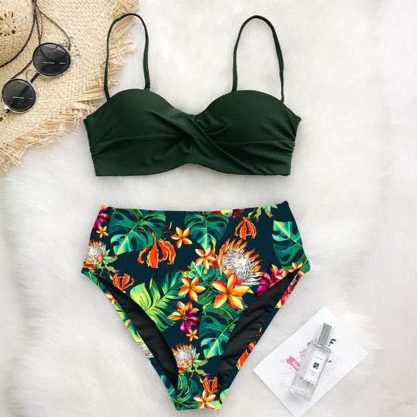 

women's swimwear dstwjmx summer swimsuit 2021 high waist push up bikini women fashion leaf print beach biquinis bathing suit, White;black