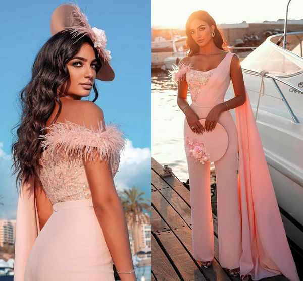 Moda única rosa pena macacões vestido de baile um ombro lantejoulas frisado até o chão vestidos formais festa à noite wear g219y