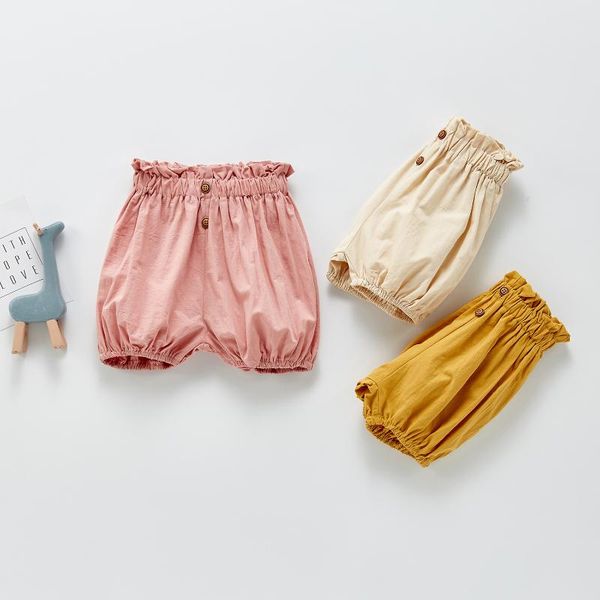 

babe girls summer elastic lantern shorts solid color button kids short pants, Black