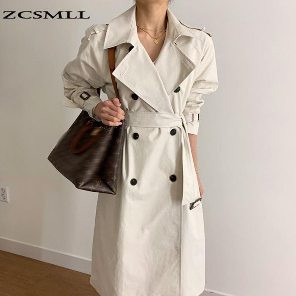 

zcsmll korean chic autumn french lapel double-breasted lace up thin straight over the knee mid-length windbreaker jacket, Tan;black