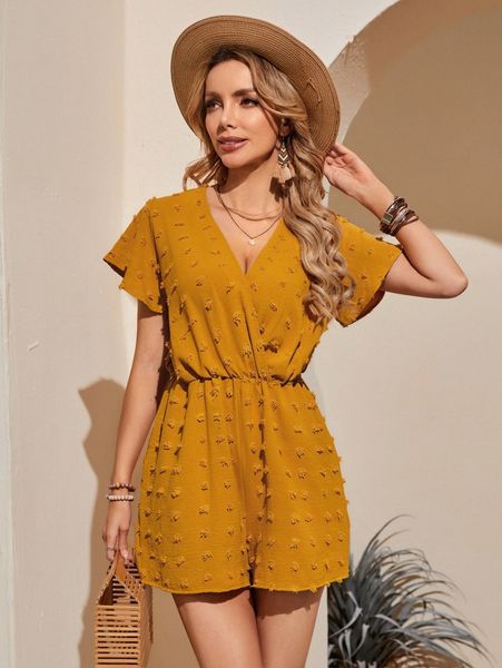 

emery rose swiss dot butterfly sleeve surplice neck romper i1z6#, White