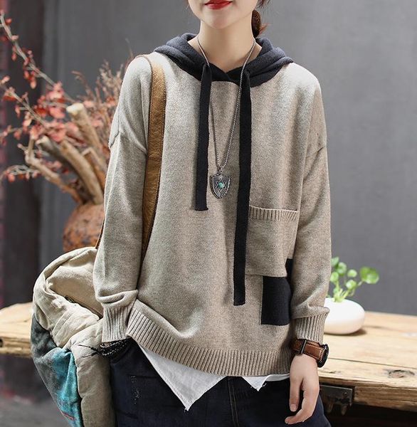 

women knit hoodies cotton mori girl 2021 spring new long sleeve pockets contrast color irregular fashion vintage women pullovers, Black