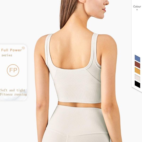 

yoga outfit 2021 ribbed white bra woman push up wide shoulder strap shockproof gathering vest-style sports running fitness top