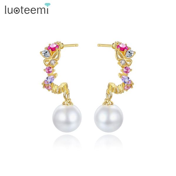 

dangle & chandelier luoteemi woman fashionable pendant earrings boucle oreille femme imitation pearl with colorful cubic stones pend, Silver