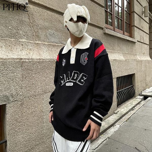 

men's sweaters pfhq 2021 fashion loose american retro pullover ins trend lapel stitching embroidery sweater autumn and winter 21a6259, White;black