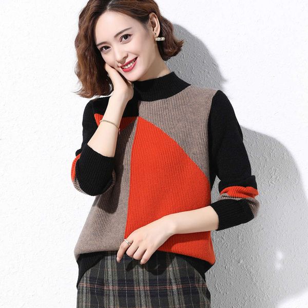 

autumn sweater loose fitting, contrast and winter stitching thickened knitted half high collar color matching for women's luxury, White;black