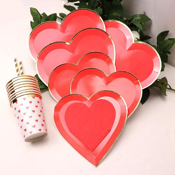 

disposable dinnerware 8pcs/lot heart-shaped tableware paper plate cups wedding decor happy birthday valentine's day baby shower party