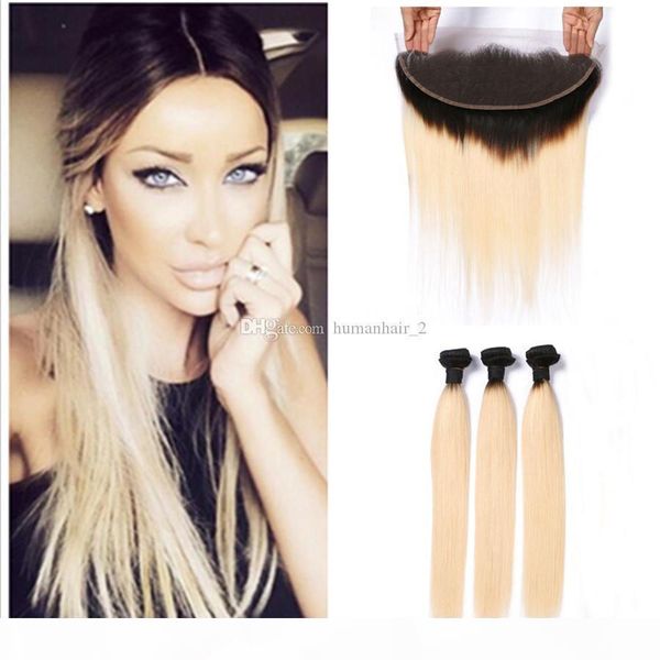 

blonde ombre hair with lace frontal closure two tone colored 1b 613 blonde straight hair 3pcs with lace frontal closure peruvian virgin hair, Black;brown