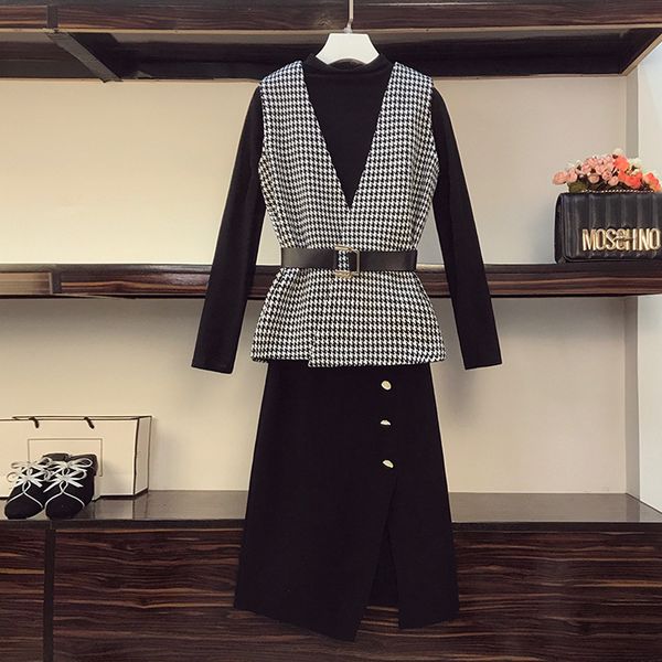 

elegant office knitted out of three women's ensemble turtleneck houndstooth upper waistcoat and skirt divided workwear autumn outfit 82, Black;gray