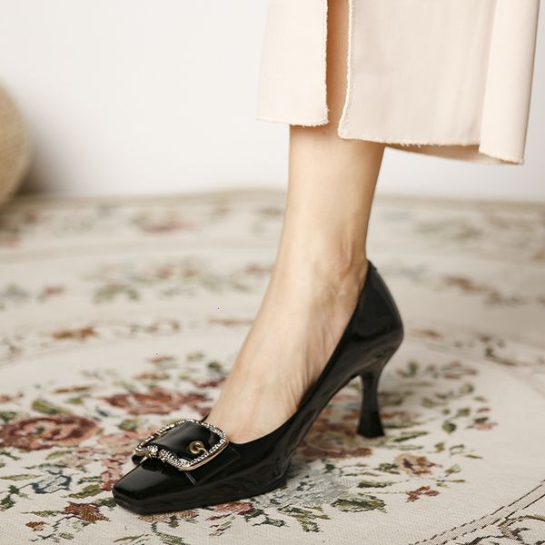 

square small sandals head 166-3 single shoes women's light mouth black high heels thin heel buckle formal professional jlsj