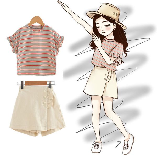 

girls' 2021 new korean suit children's summer striped short sleeve two piece loose shorts, White