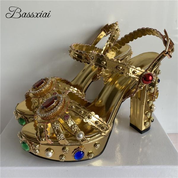 Sandali di lusso con diamante tacco grosso scarpe da sposa da sposa piattaforma alta gioiello con strass cinturino alla caviglia in vera pelle da donna estate