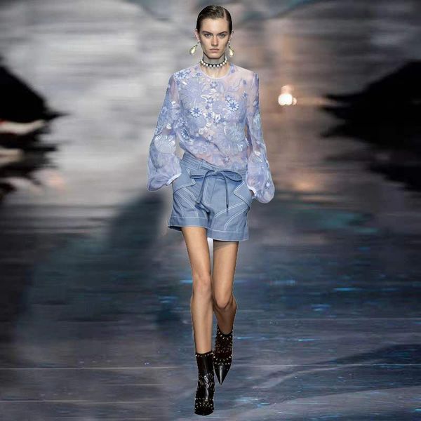 

women's tracksuits women shorts suit organza 2021 spring female o-neck lantern sleeve handmade embroidery shorts set, Gray