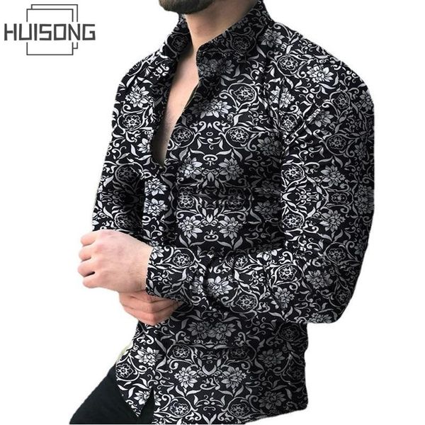 

men's casual shirts huisong 2021 spring shirt european and american muscle lapel cardigan flower trend slim ha175, White;black