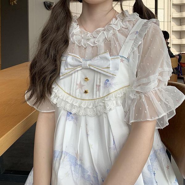 

new short sleeved lolita shirts crop jacquard dots perspective shirt mujer bottoming mesh gauze blouse women chiffon shirt, White