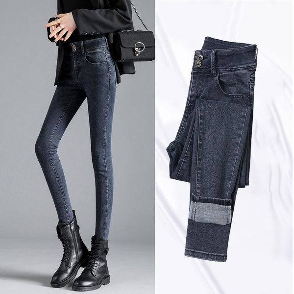 

women's jeans smoke gray high stretch waist 2021 spring style was thin skinny feet nine points pencil pants, Blue