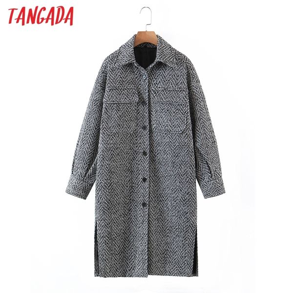

tangada women thick tweed coats jacket loose long sleeves pocket ladies elegant autumn winter coat qw51 210218, Black