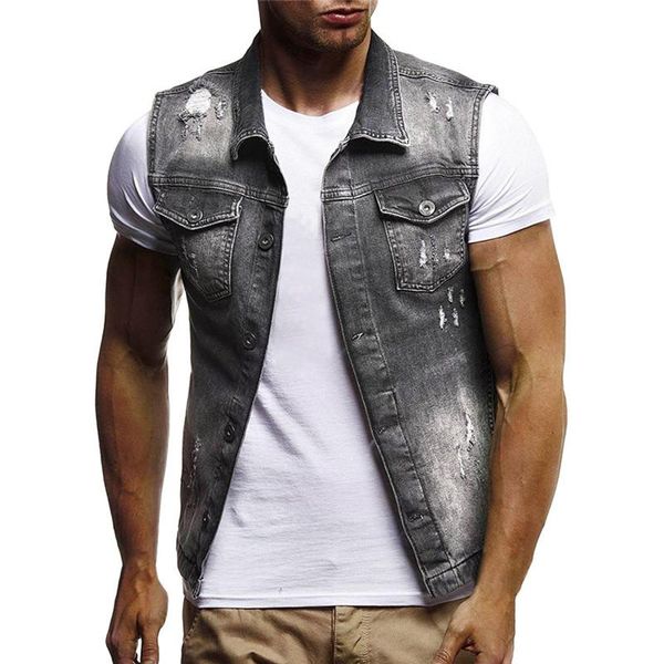 

men's vests arriving autumn winter destroyed vintage denim jacket waistcoat blouse vest dropship #0806, Black;white