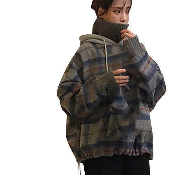 

women's hoodies & sweatshirts fashion harajuku plaid hooded sweatshirt women autumn cap fake two piece long sleeve blouse for ins style, Black
