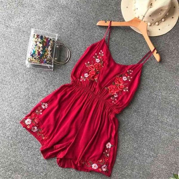 

boho v neck embroidery flower jumpsuit casual spaghetti strap women playsuit summer ethnic beach overalls holiday romper, Black;white