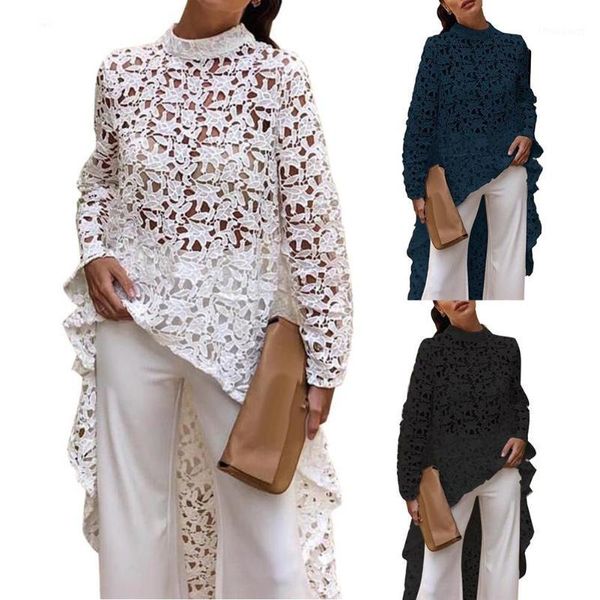

fashion spring autumn women solid color hollow out lace blouse high low round neck hem, White