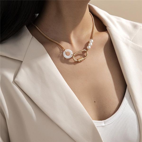 

chokers hip hop punk oval imitation pearls necklace vintage geometric collier for women jewelry simplicity gold gifts, Golden;silver